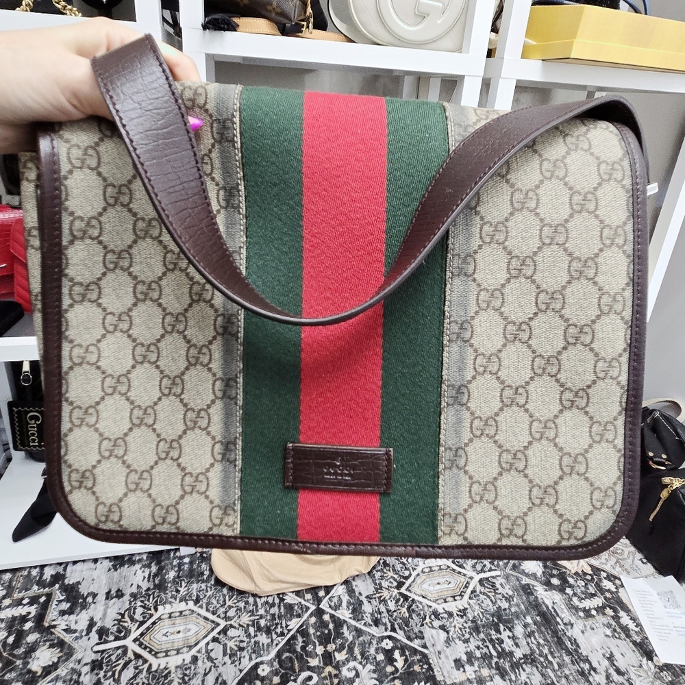 Gucci GG Plus Monogram Web Medium Flap Messenger Beige Dark Brown